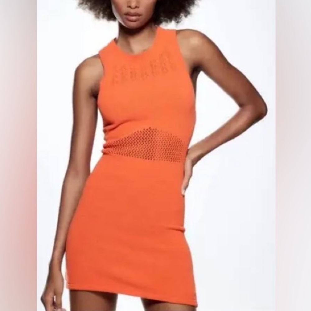 ZARA Chenille Knit Mini Dress Bright Orange Open Knit Stretch Size S Small